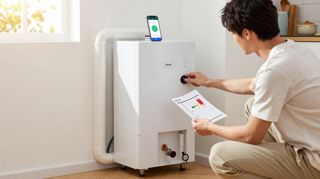 Man adjusting settings on a white home appliance with a smartphone and data sheet on energy consumption.