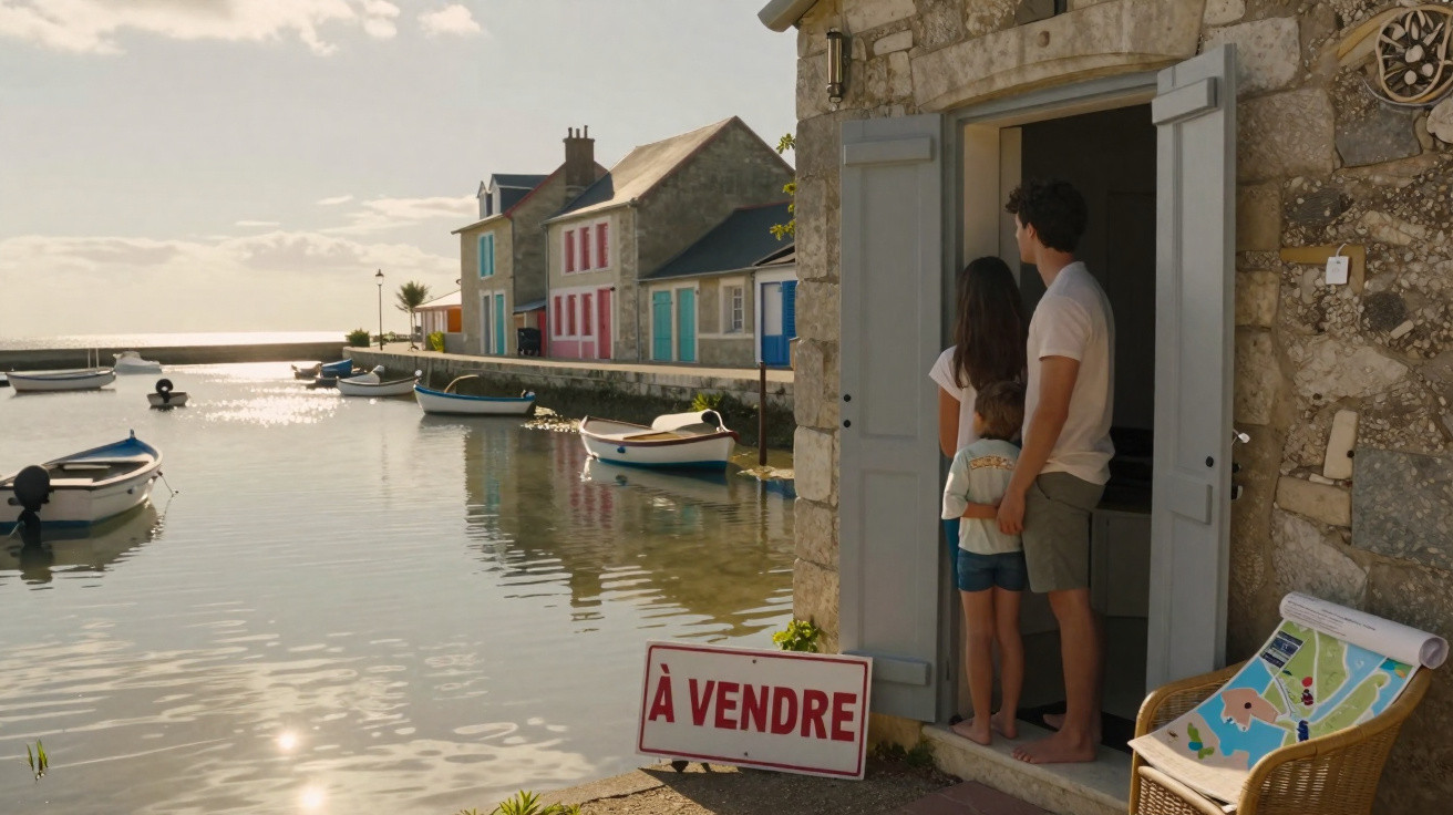 Family of three standing in doorway by canal with boats and colourful houses, "À Vendre" for sale sign visible.