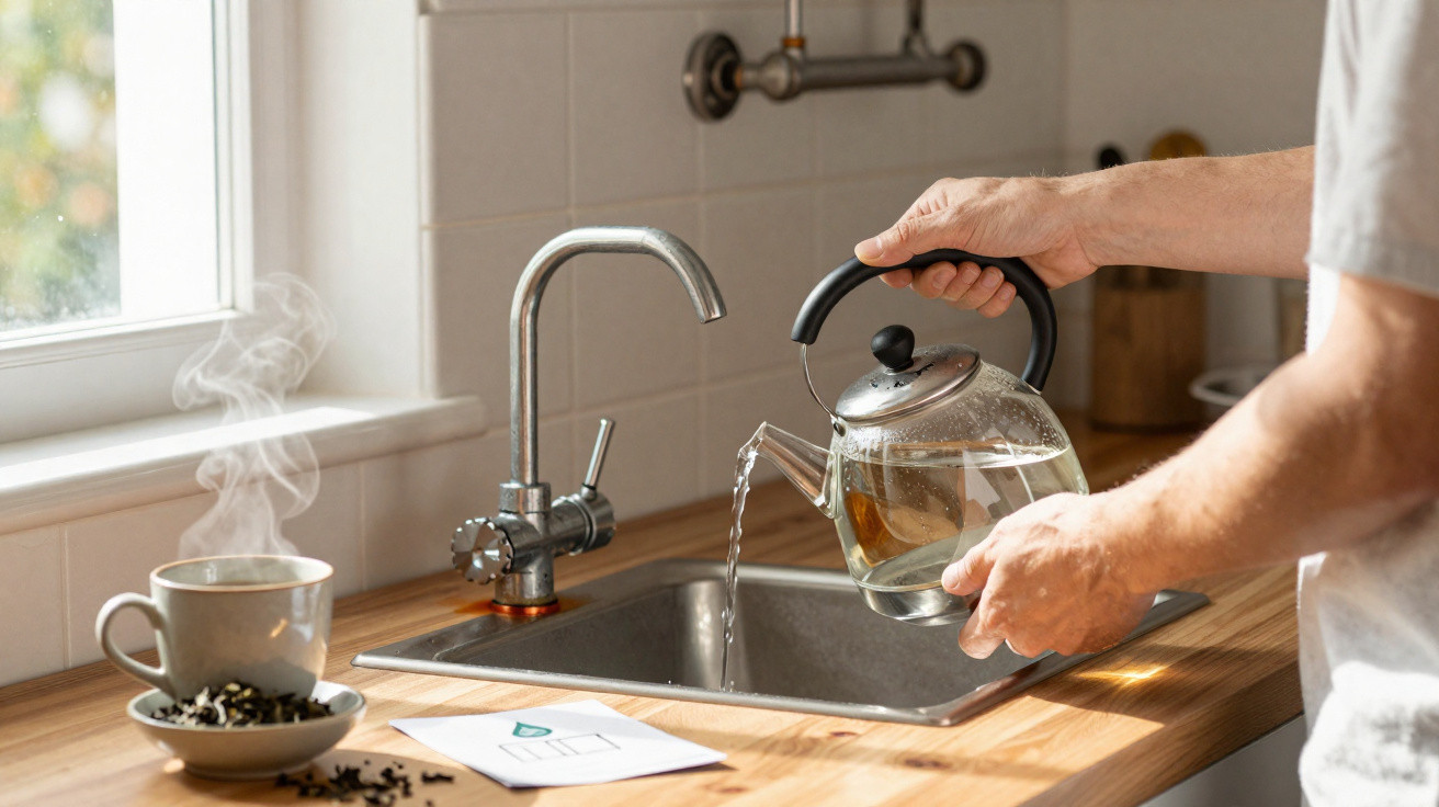 Person pouring hot water from a glass kettle into a kitchen sink next to a steaming cup of tea.