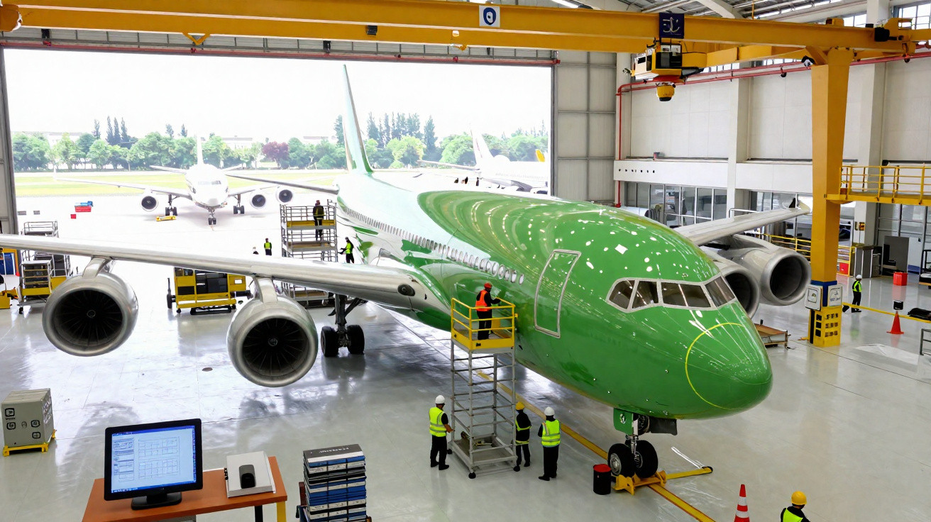 Green aircraft undergoing maintenance inside a large hangar with several workers and equipment.
