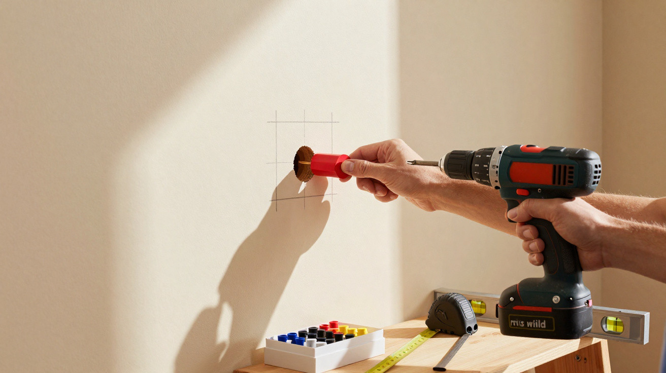Person using a drill with a hole saw attachment to cut a hole in a wall for electrical work or installation.