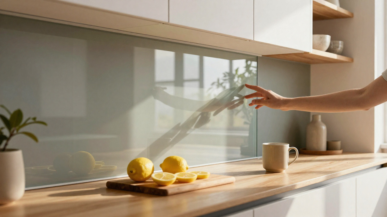 Hand reaching for a coffee mug on a wooden kitchen countertop with lemons on a cutting board.