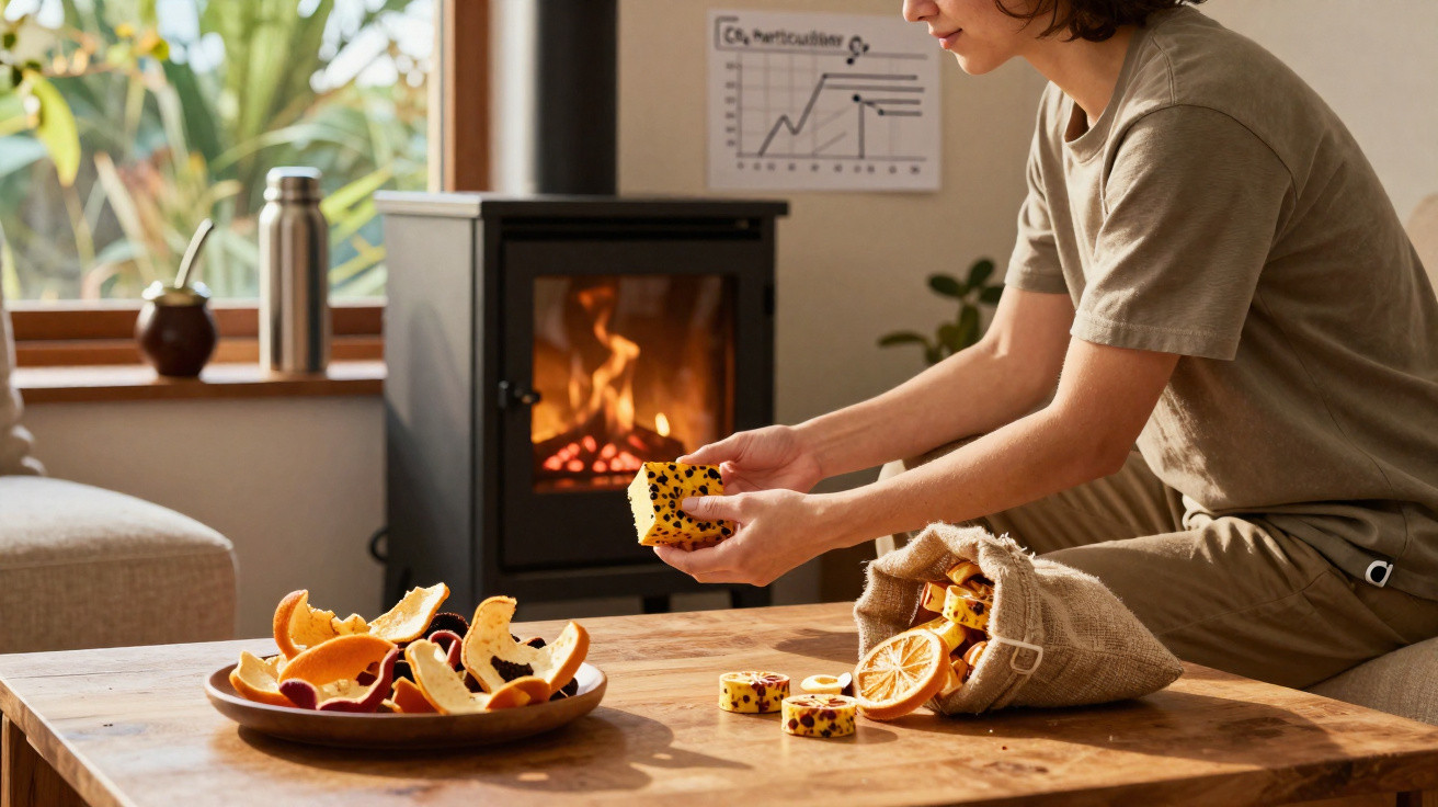 Person placing scented wax melts on a wooden table near a lit fireplace in a cozy living room.