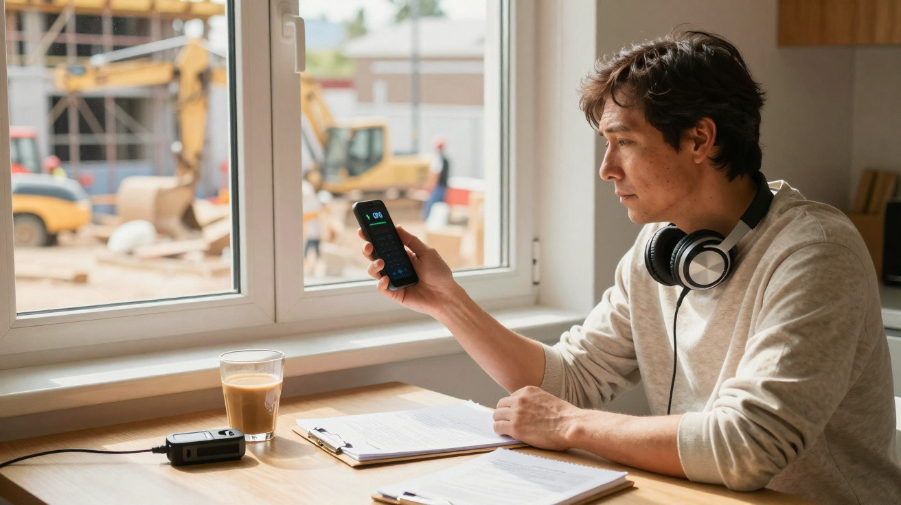 Man with headphones using a remote control at a desk with papers and a coffee near a window overlooking construction.