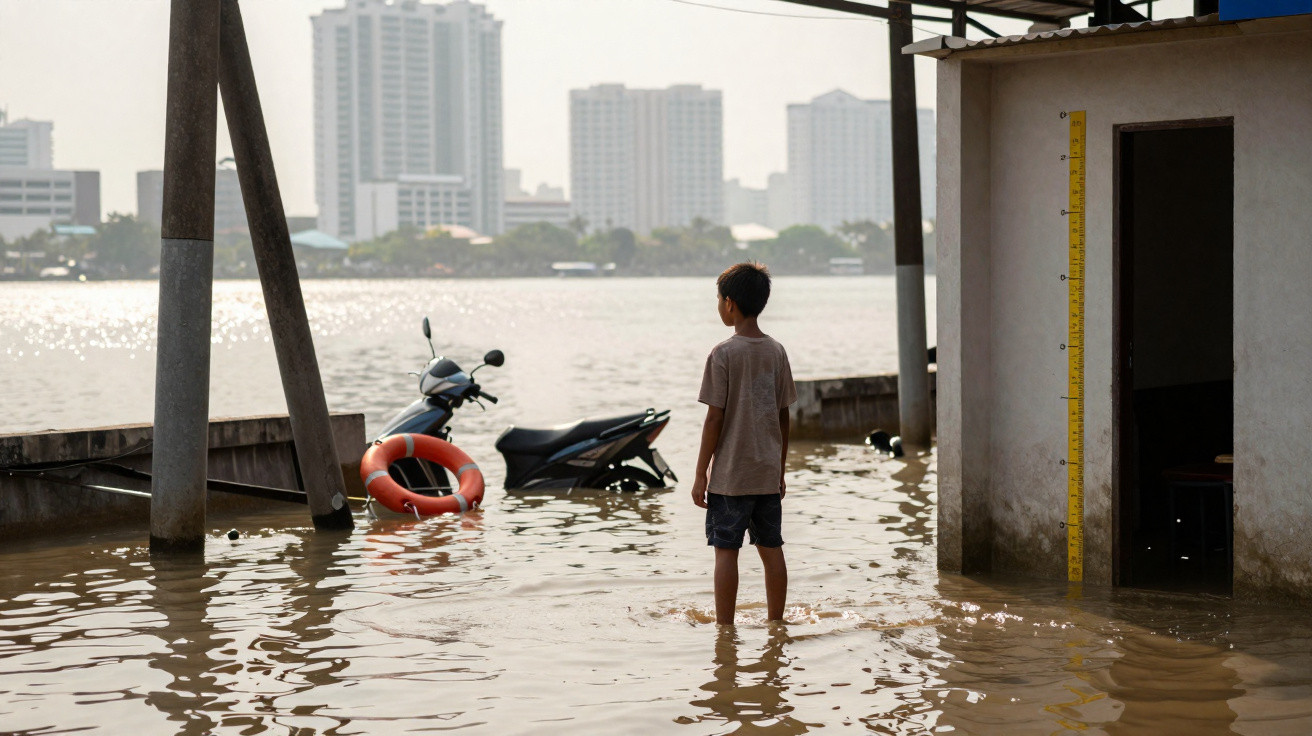 A child stands in floodwater near a submerged motorbike and a building with a water level gauge, city skyline in background.