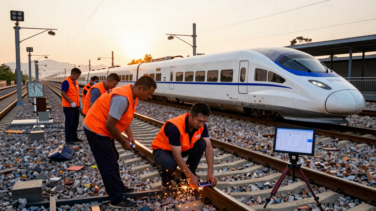 Workers in orange vests repair railway tracks beside a white high-speed train at sunset with monitoring equipment.