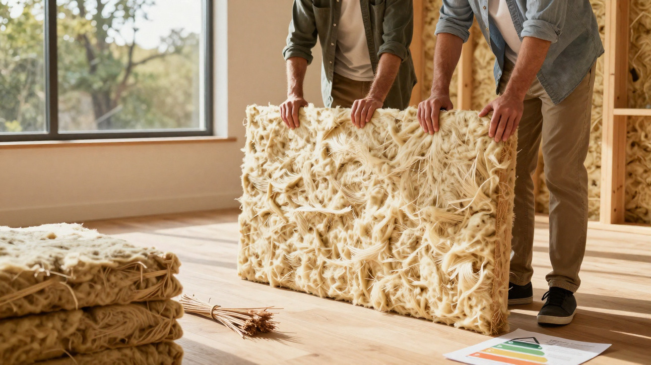 Two people holding a natural fibre insulation panel in a bright room with wooden flooring.