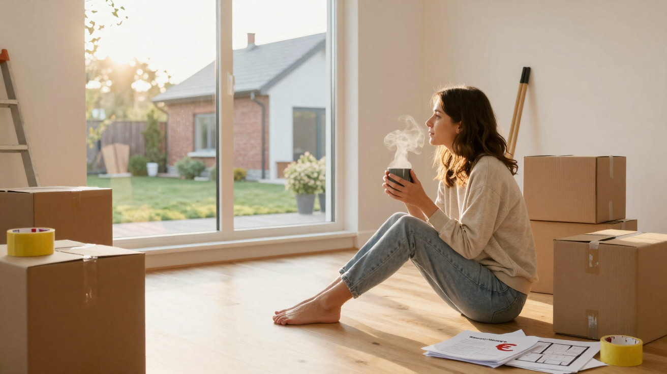 Woman sitting on the floor in a new home surrounded by moving boxes, holding a steaming mug and looking out the window.