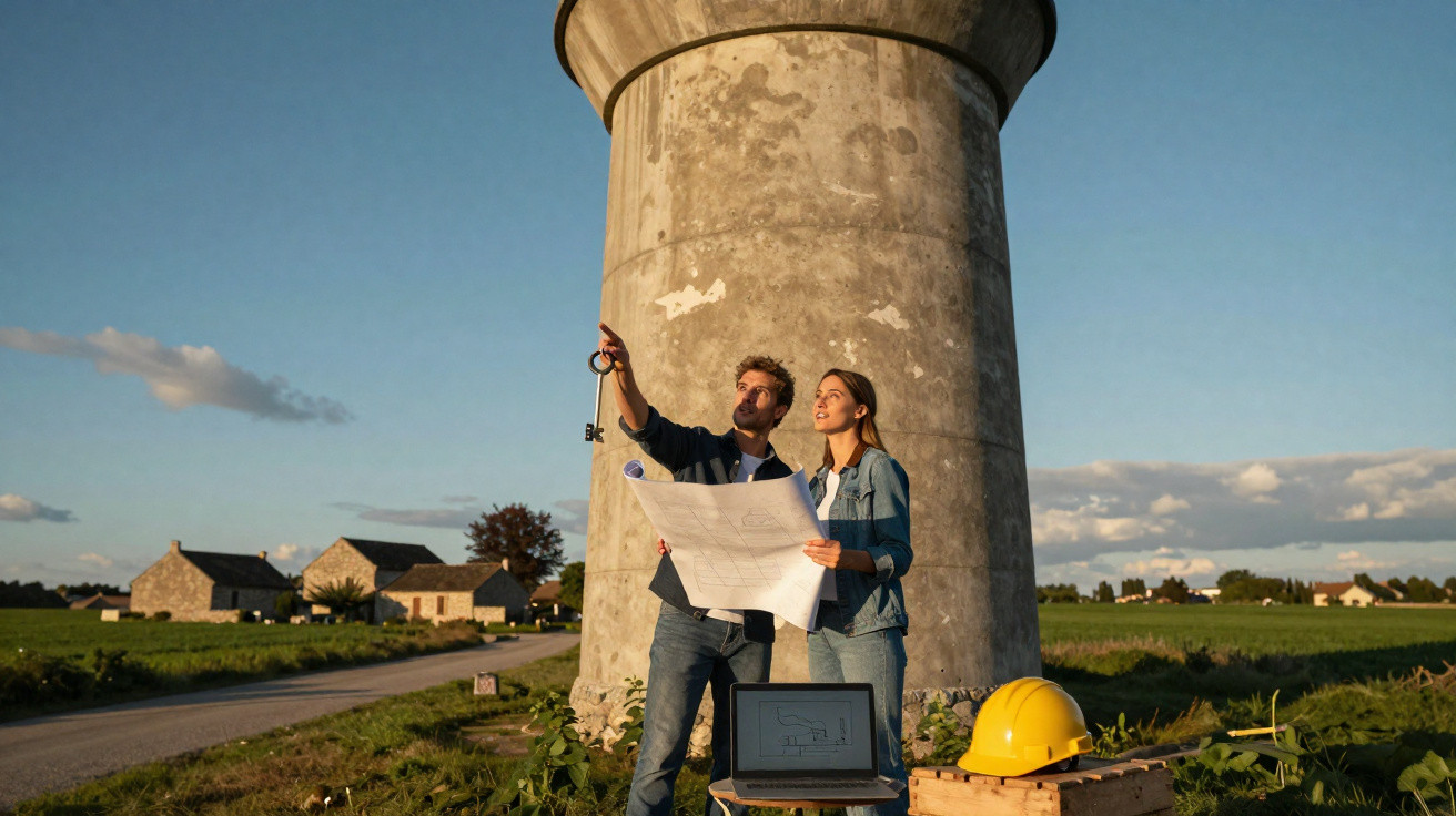 Two architects reviewing blueprints near a large concrete structure in a rural area at sunset.