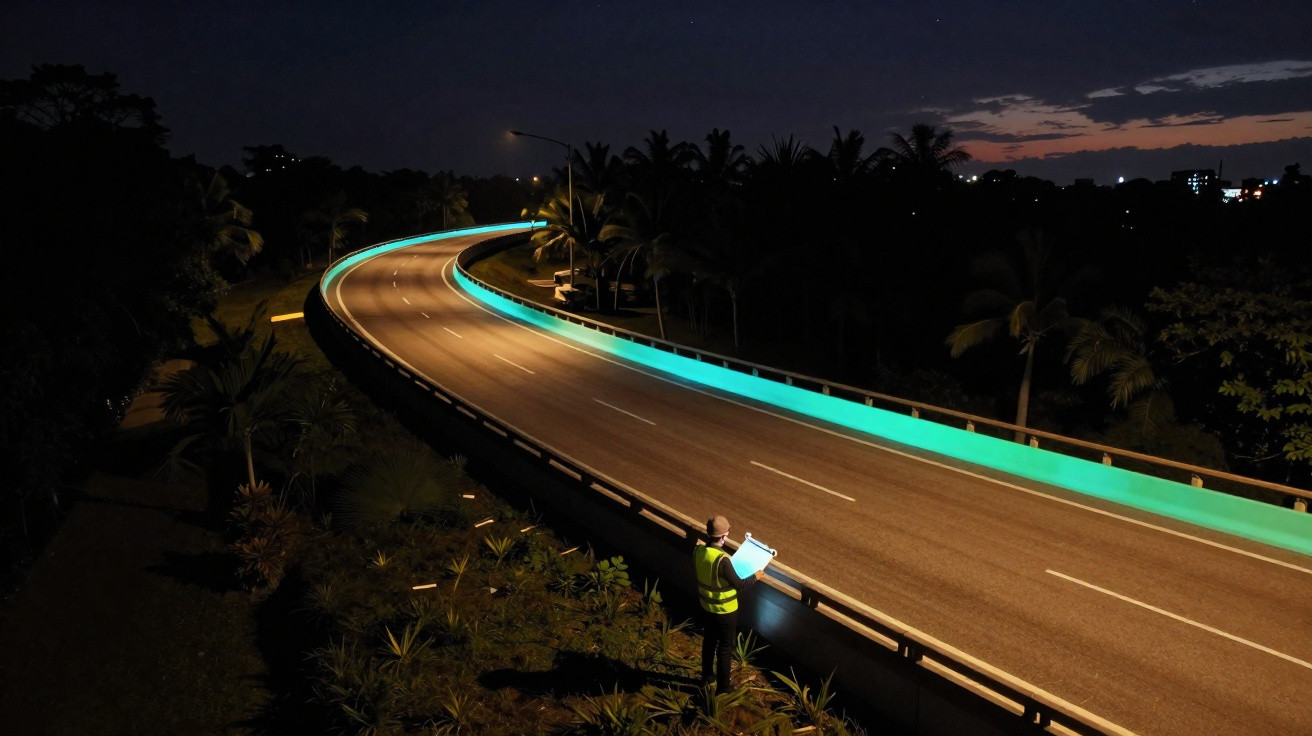 Empty curved highway at night with a worker in a high-visibility vest inspecting by the roadside.