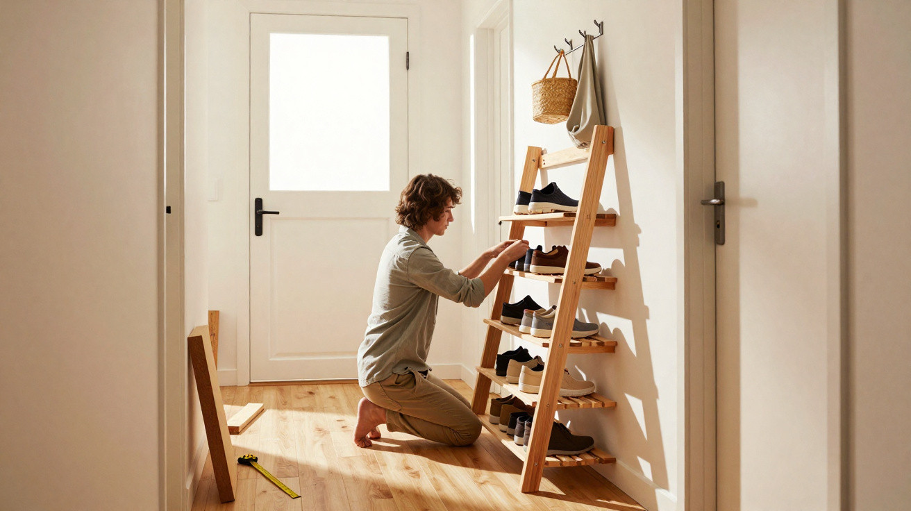Person organising shoes on a wooden shelf in a bright hallway with a white door in the background.