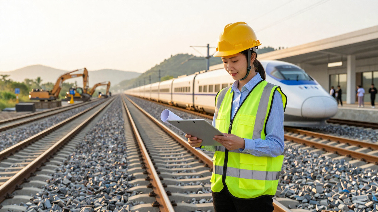 Female engineer in yellow helmet and vest reading clipboard by high-speed train on railway tracks at sunset.
