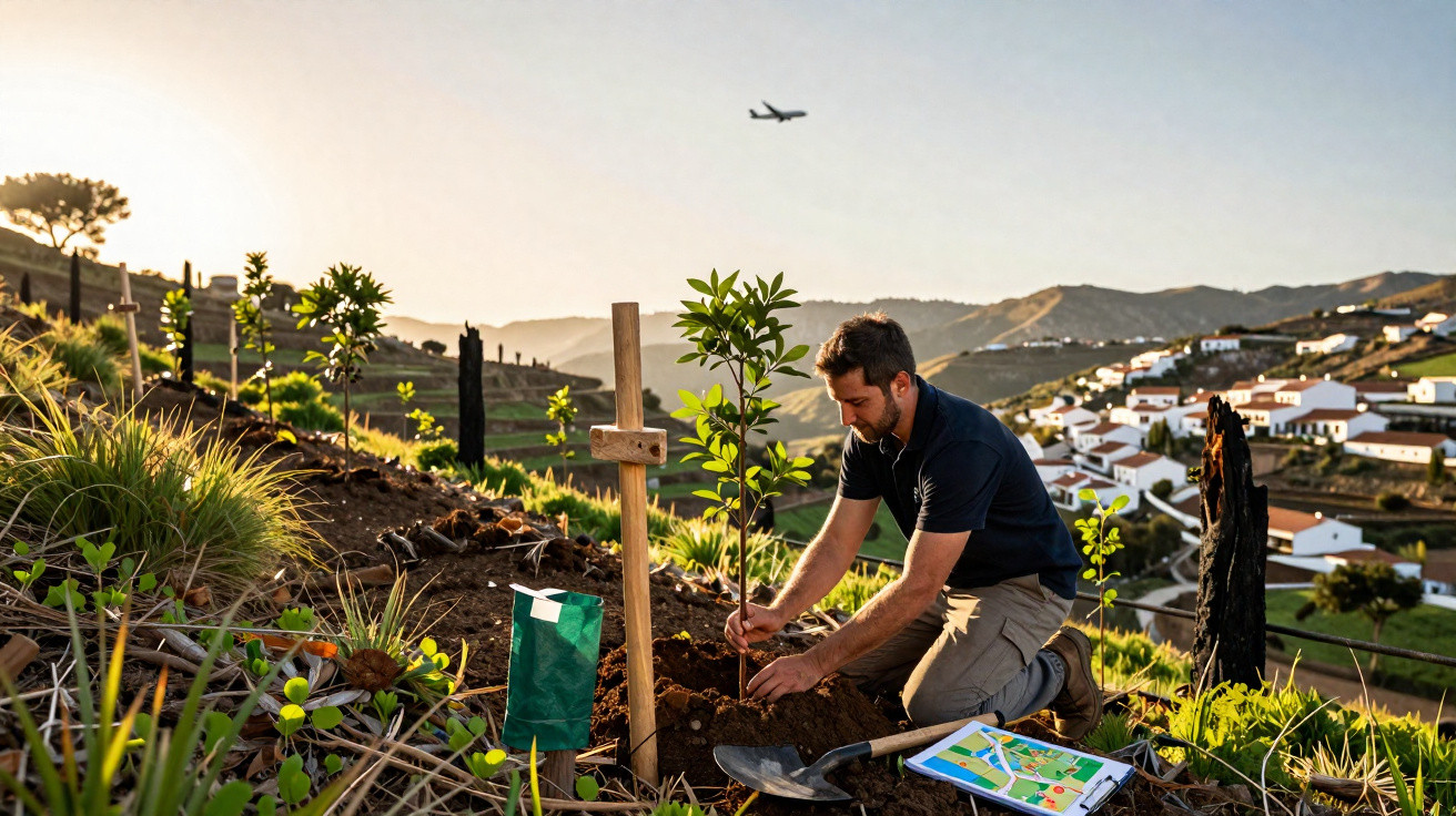 Man planting a young tree on a hillside near a village with an airplane flying overhead at sunset.