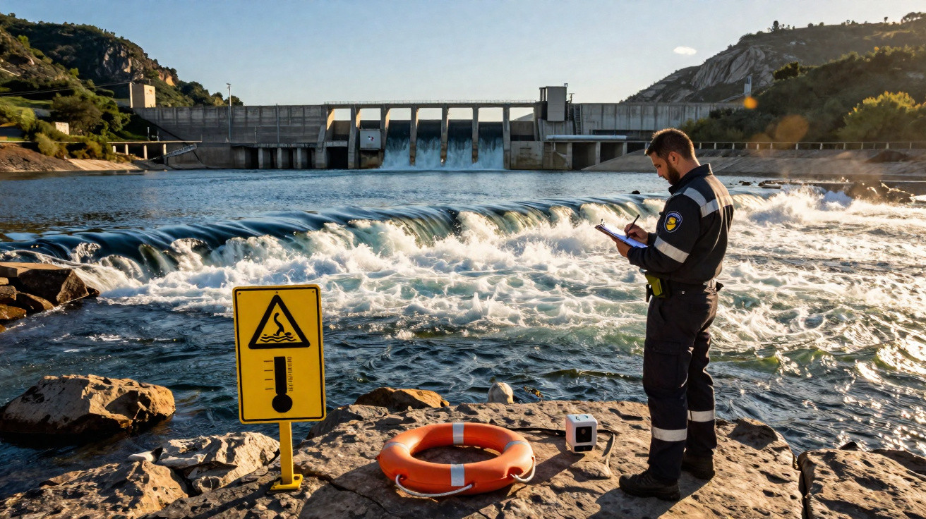 Officer standing by a river dam with warning sign and life buoy, recording notes on a clipboard.