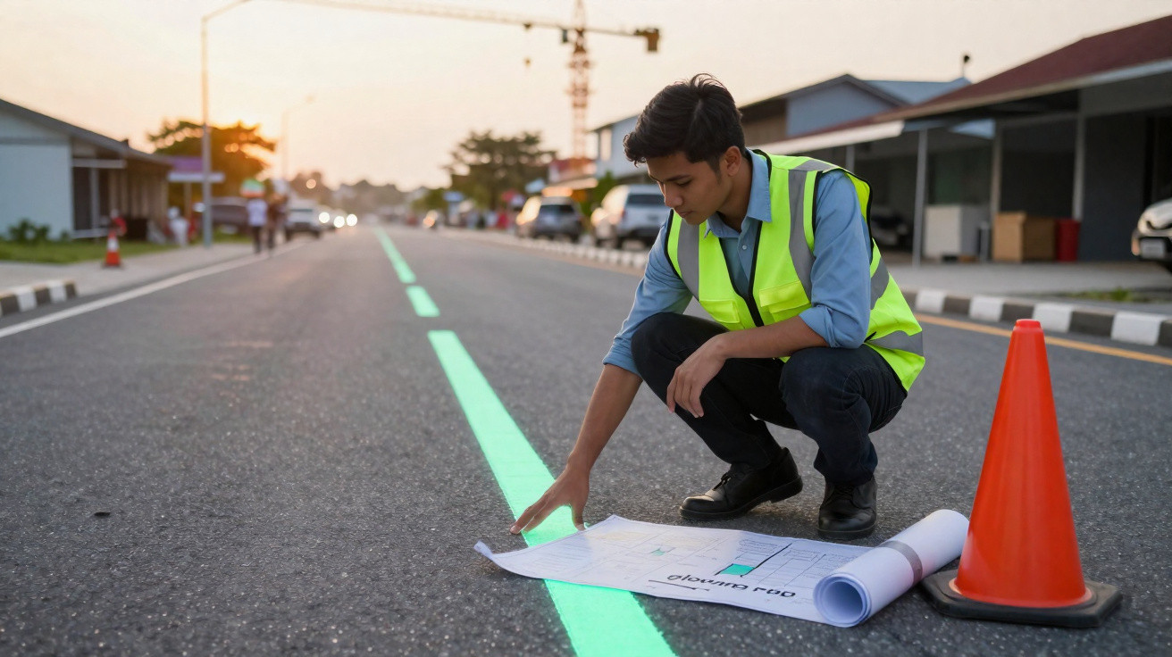 Man in high-visibility vest examining road plans by a neon green centre line and an orange traffic cone at sunset.