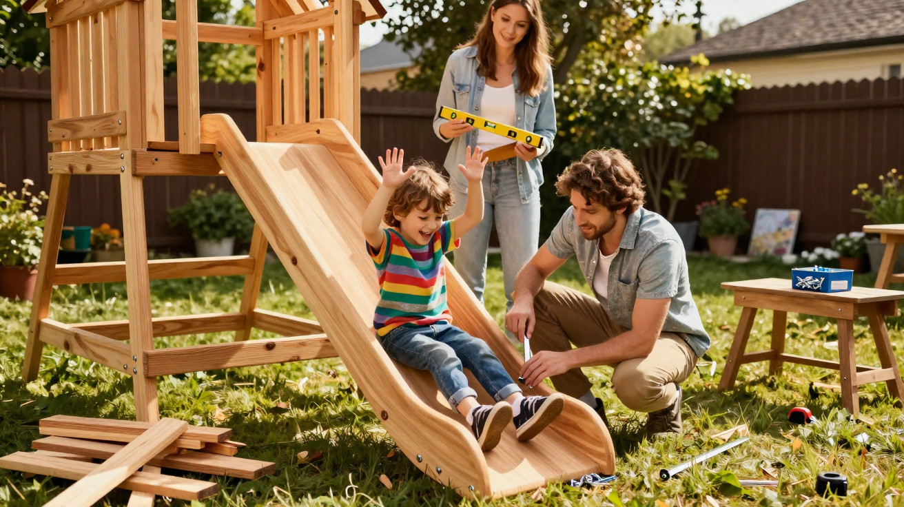 Child sliding down wooden slide while parents assemble playset in sunny garden backyard.
