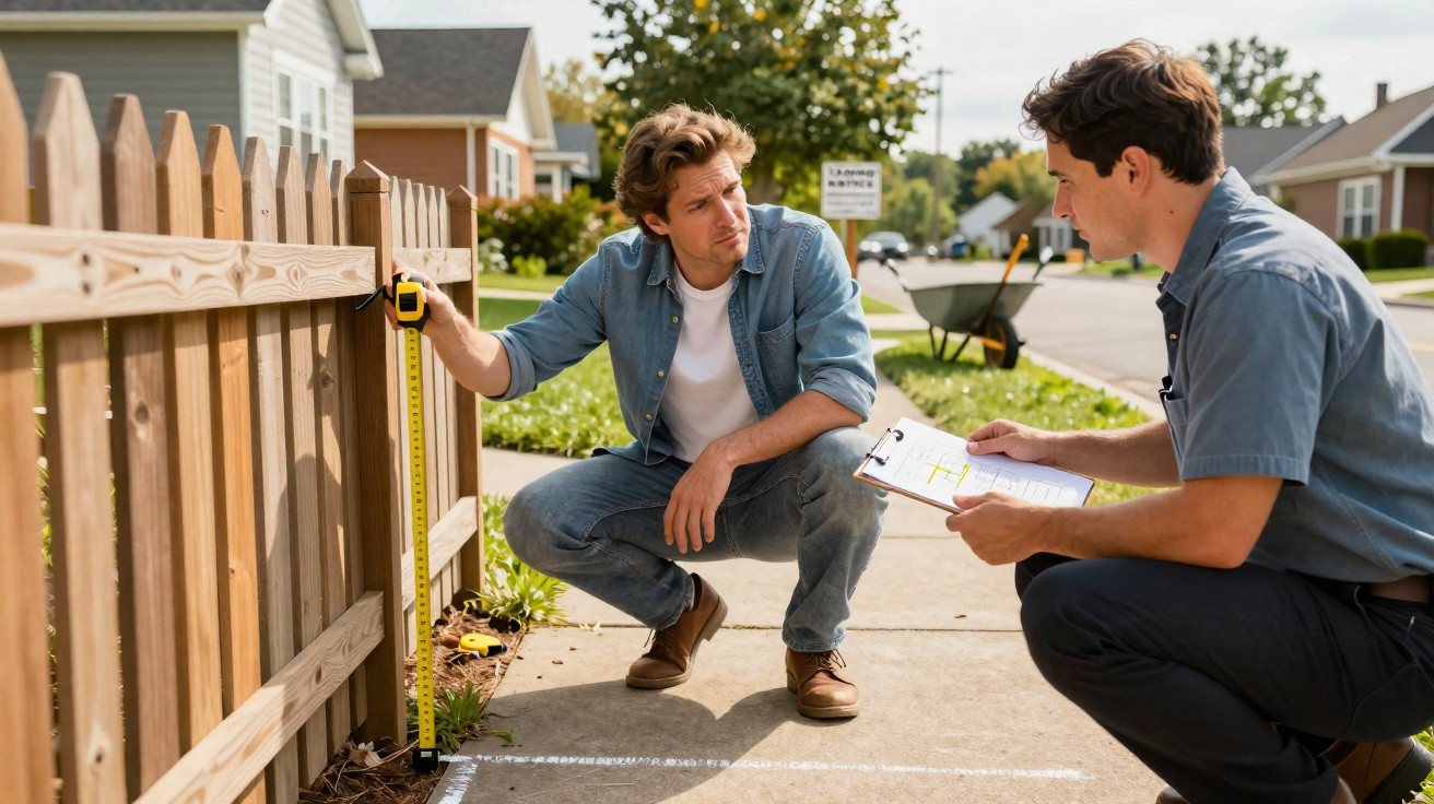 Two men measuring a wooden fence and discussing plans on a suburban pavement.