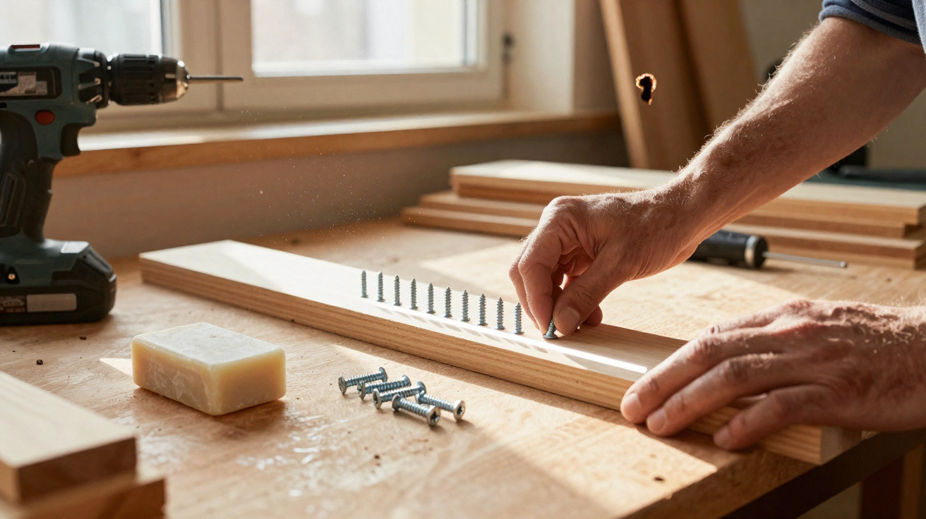 Hands placing screws into a wooden plank on a workbench with a drill and soap block nearby