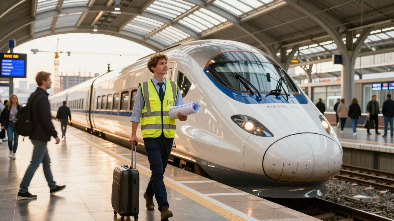 A man in a high-visibility vest walking on a train platform beside a modern high-speed train.