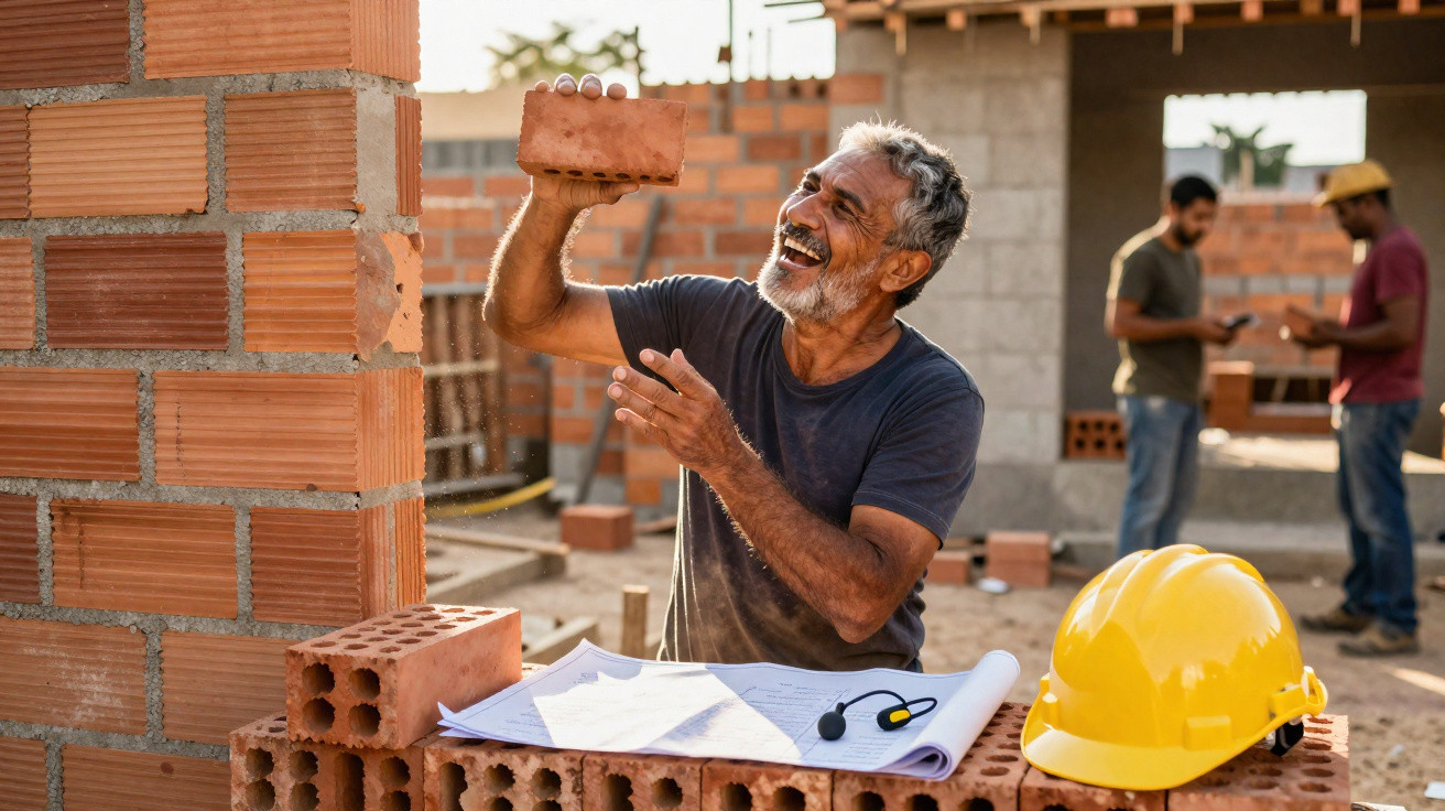 Smiling construction worker holding a brick near a partially built brick wall with plans and a yellow helmet nearby.