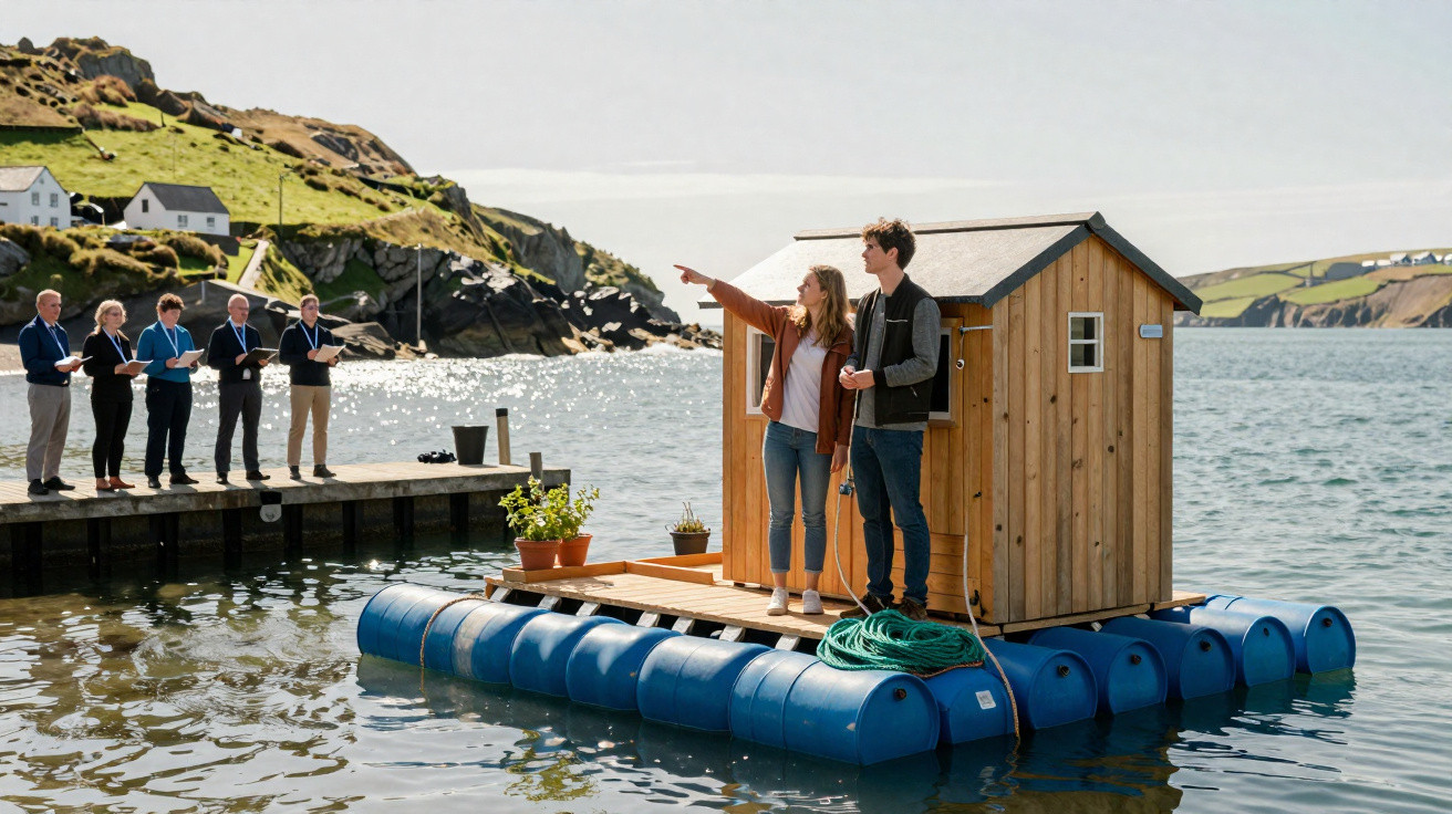 Two people stand on a small wooden floating cabin secured on blue barrels in coastal waters with people on a dock nearby.