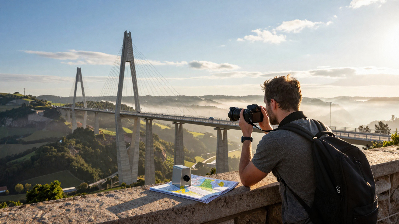 A man with a backpack photographing a large cable-stayed bridge over a misty valley at sunrise.