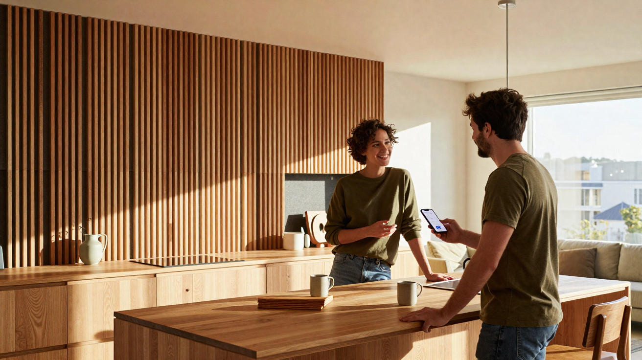 Two people chatting in a modern kitchen with wooden cabinets and natural light through a window.