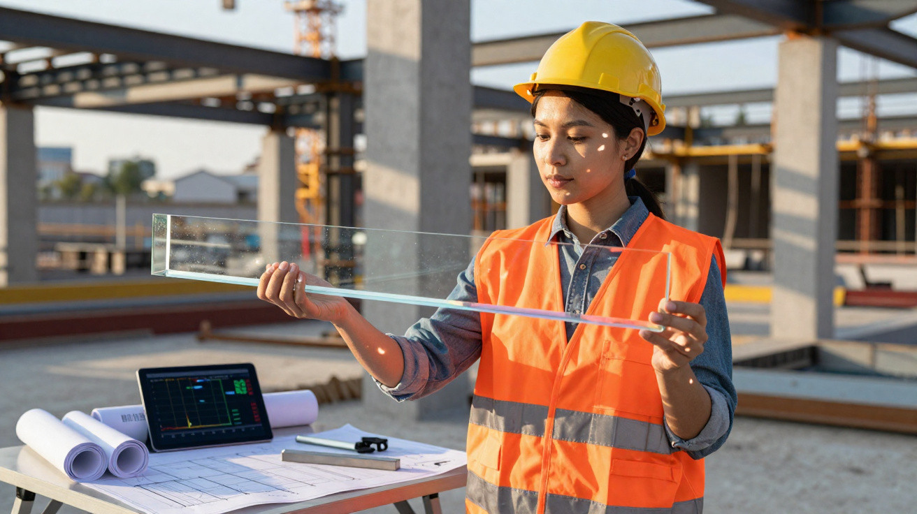 Female construction worker in hard hat and orange vest examining transparent glass at building site.