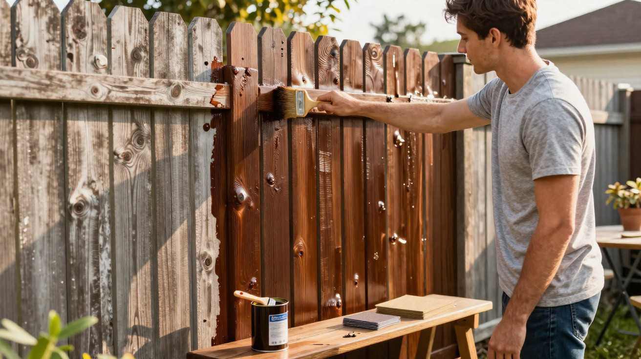 Man in grey t-shirt painting a wooden fence brown outdoors on a sunny day.