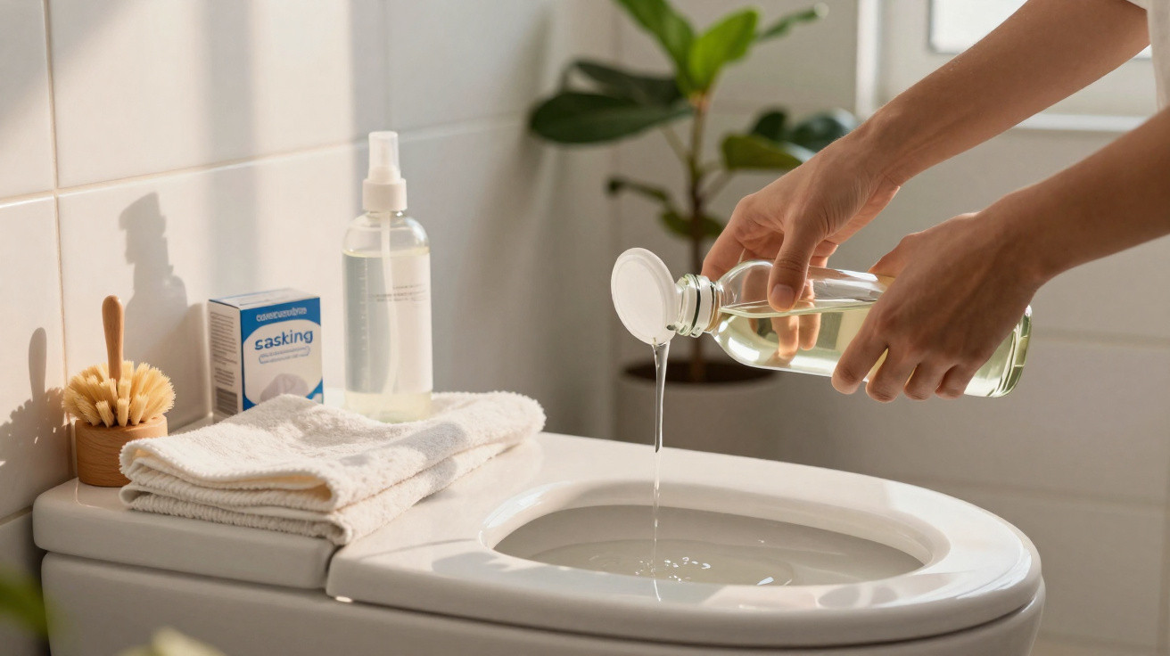 Hands pouring liquid cleaner into a white toilet bowl with towels and cleaning supplies nearby.