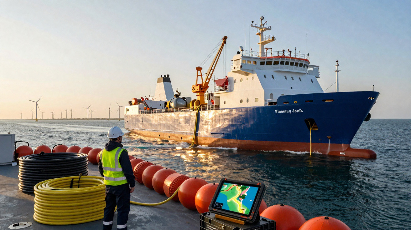 Worker in safety gear monitoring cable-laying vessel Fleemig Jenik near offshore wind turbines at sunset.