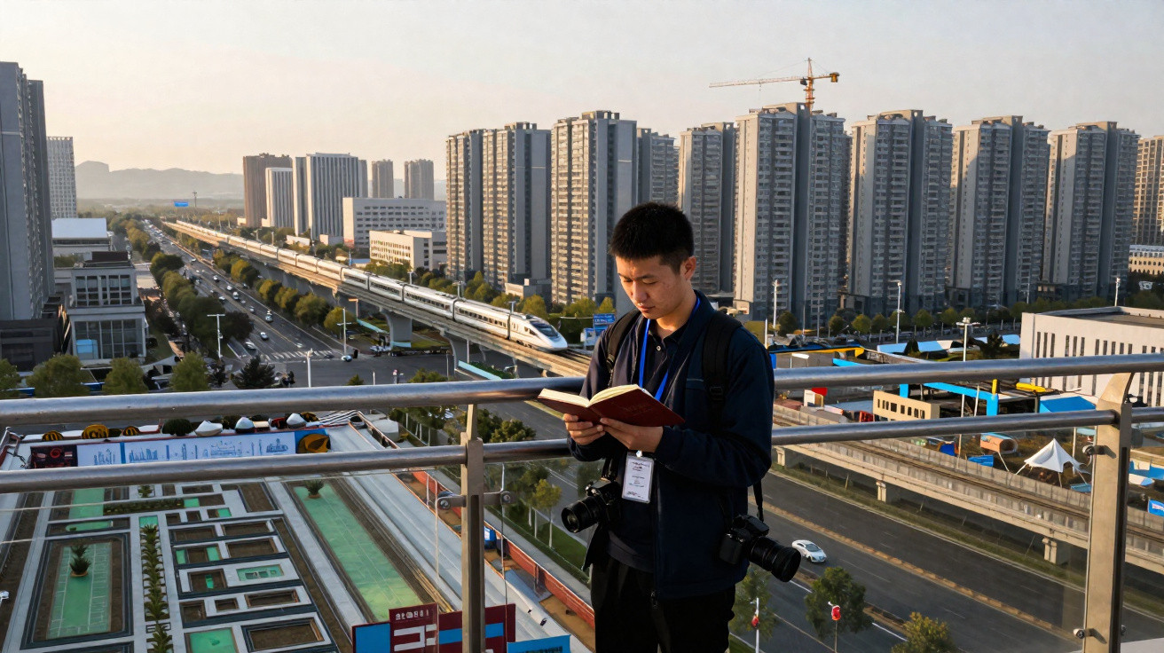 Young man with cameras reading a book on a balcony overlooking a cityscape with high-rise buildings and a train.