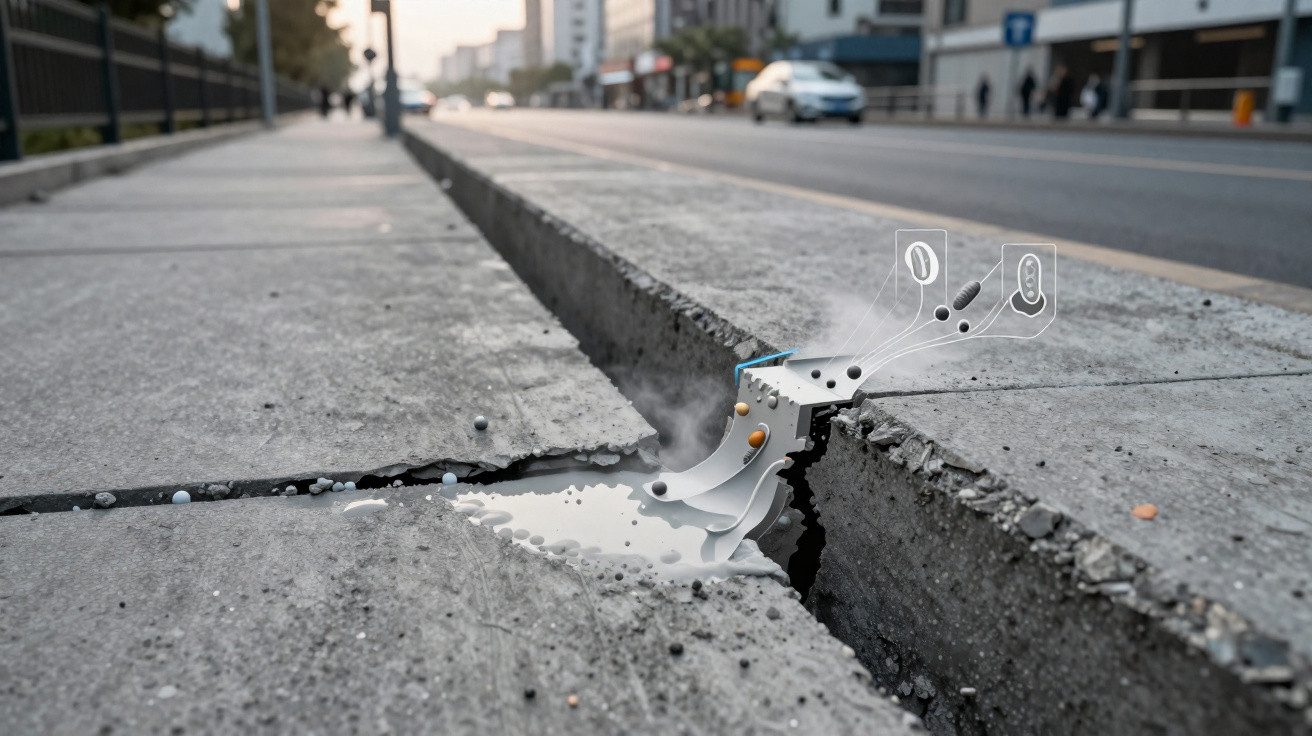 Close-up of a cracked concrete pavement with a digital overlay showing micro components inside the crack.