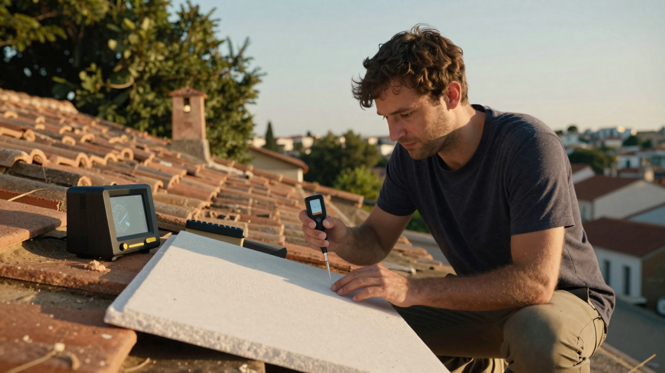 Man using a handheld device to measure a white panel on a tiled rooftop in daylight
