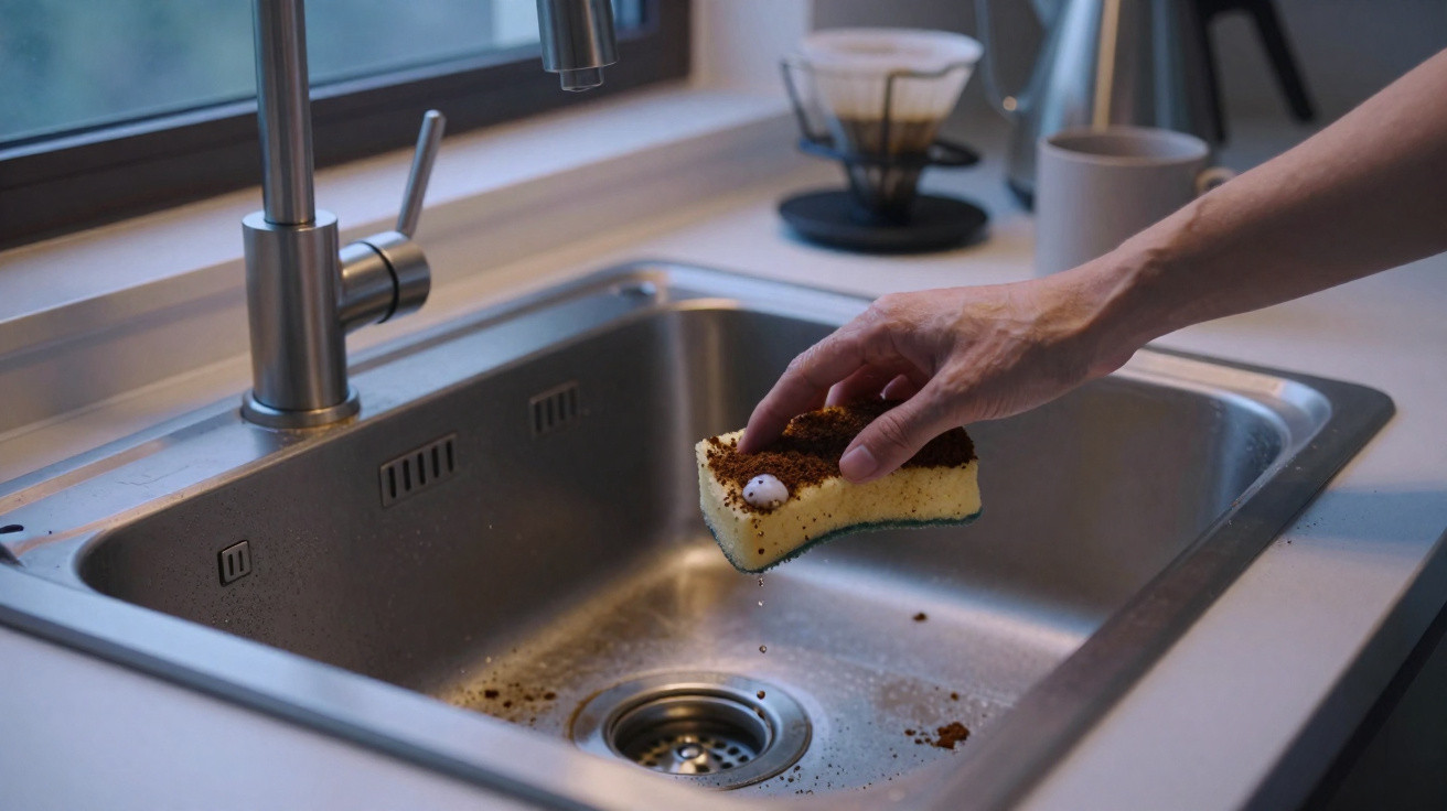 Hand holding a sponge with coffee grounds over a stainless steel kitchen sink near a window.