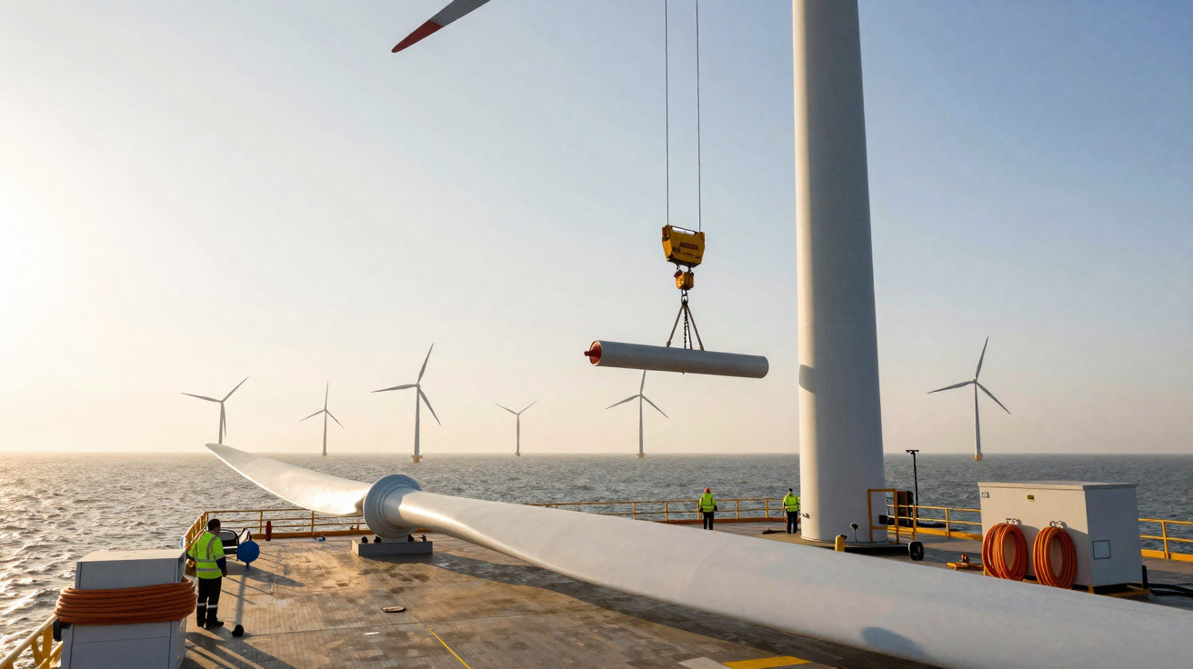 Workers install turbine blades on an offshore wind farm with several turbines in the sea at sunset.