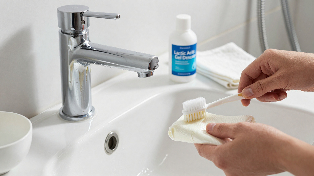 Hands cleaning a toothbrush with a cloth over a white bathroom sink with a chrome faucet and bottle in background.
