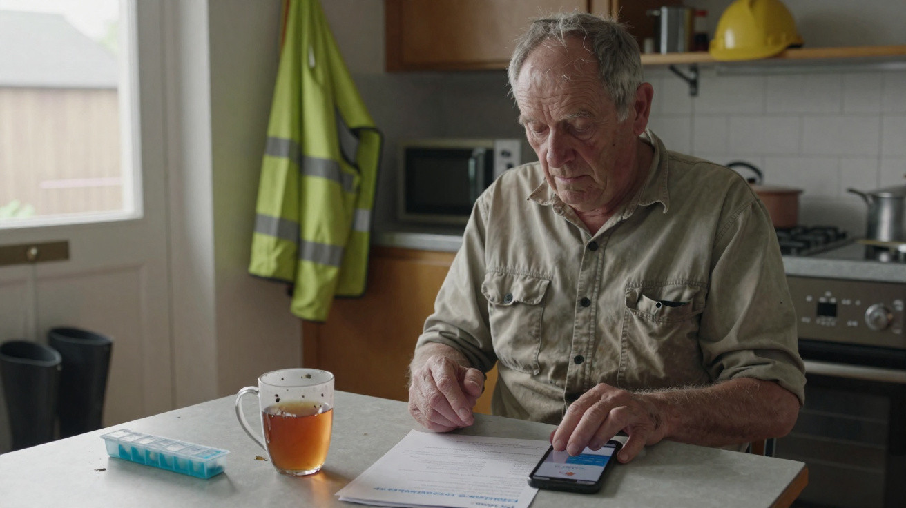 Elderly man sitting at a kitchen table using a smartphone with paperwork, tea, and pill organiser nearby.