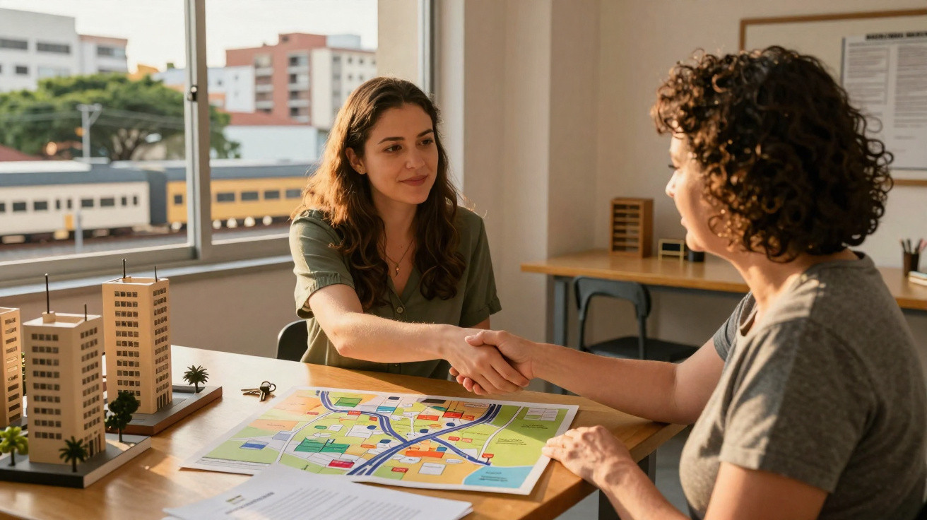 Two women shaking hands over a table with a city map and building models in a bright office.