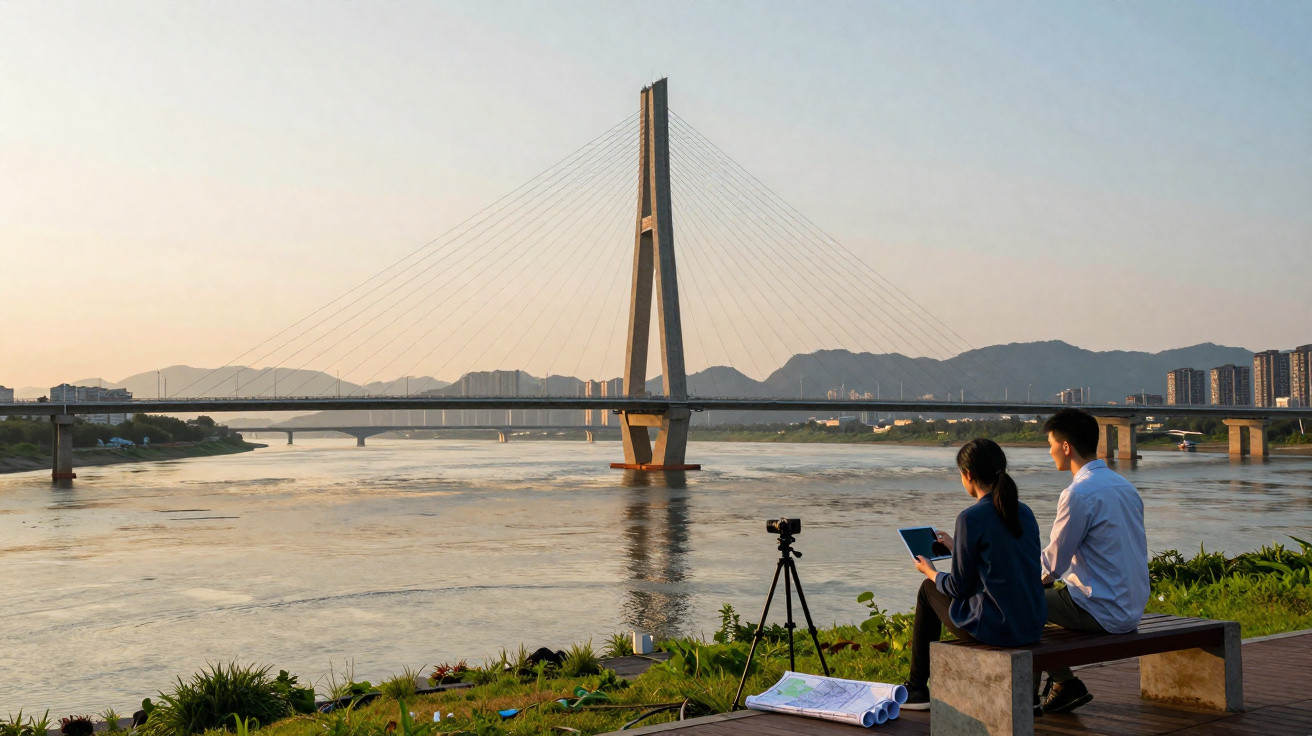 Two people sitting on a bench by a river with a modern cable-stayed bridge and city skyline at sunset.