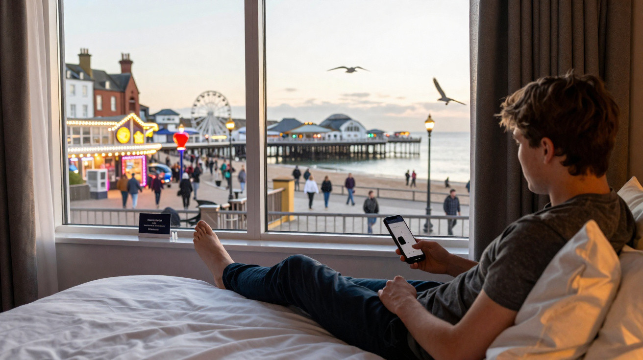 Young man using phone on bed in hotel room overlooking busy seaside pier and promenade at dusk
