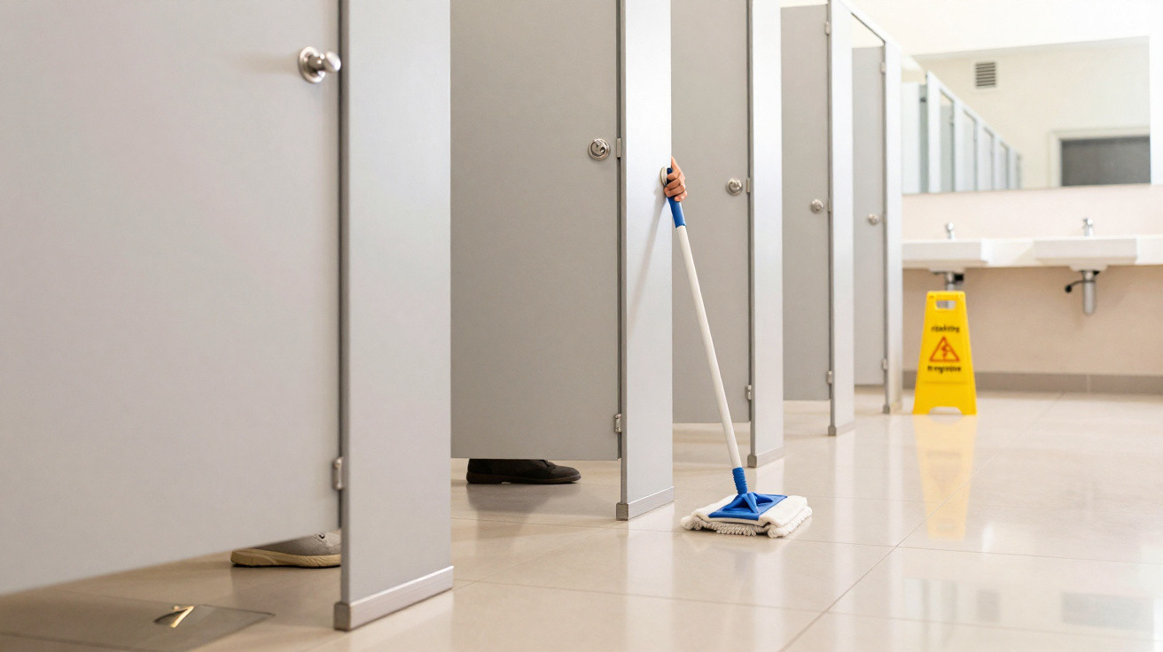 Hands and feet visible in toilet cubicles with one person mopping a clean public restroom floor.