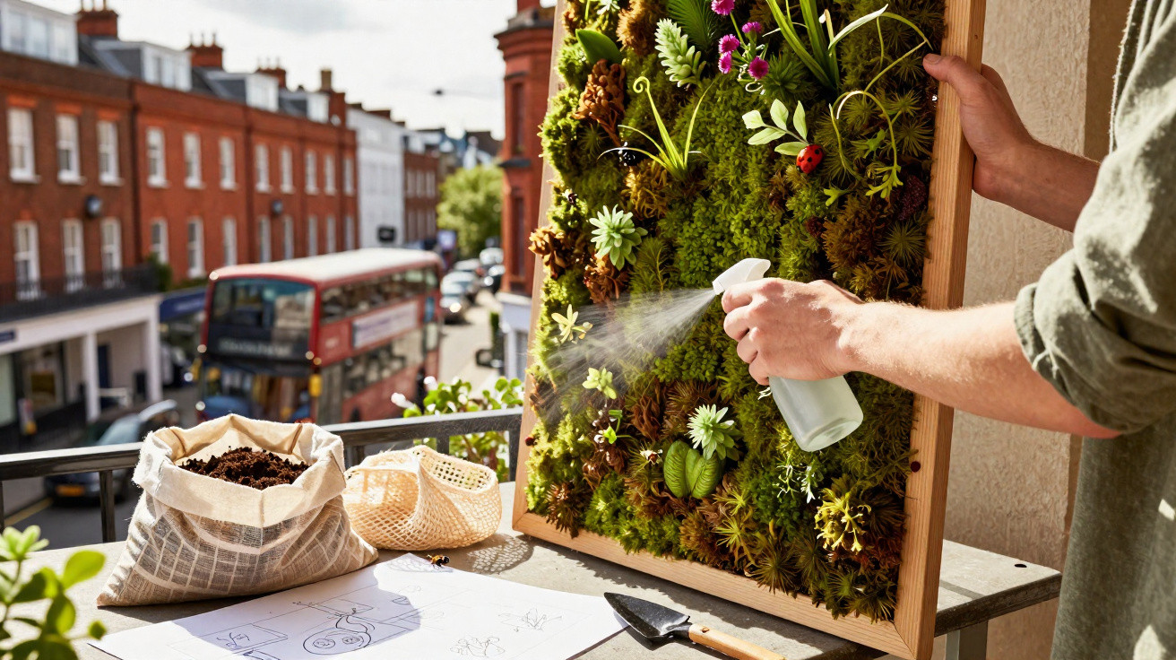 Person spray watering a vertical garden panel on a balcony with city buildings and a double-decker bus in the background.