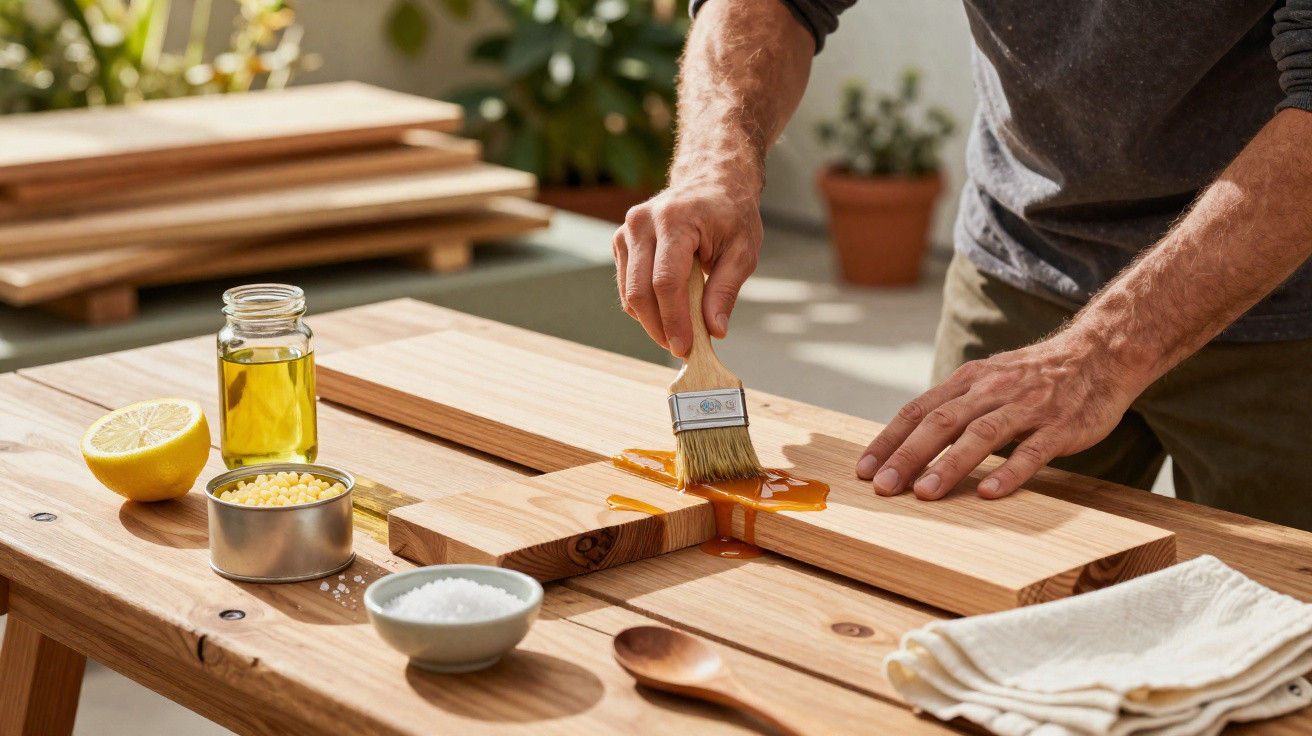 Person applying wood oil with a brush on wooden planks on a table with natural ingredients nearby.