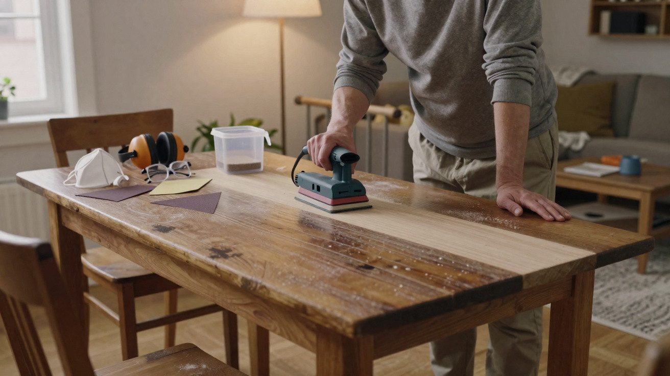 Person sanding a wooden table with an electric sander in a well-lit living room.