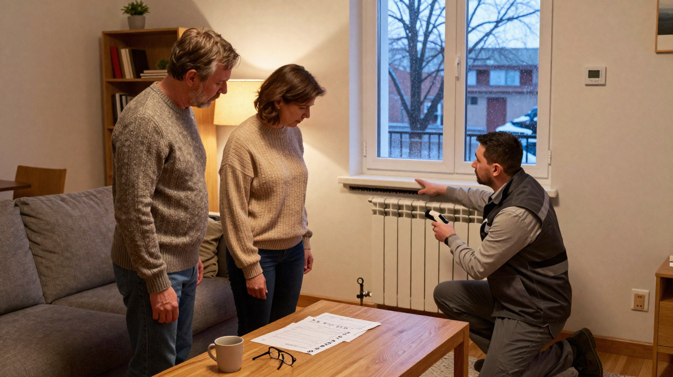 Technician explaining radiator repair to couple in living room during house visit on cold day.