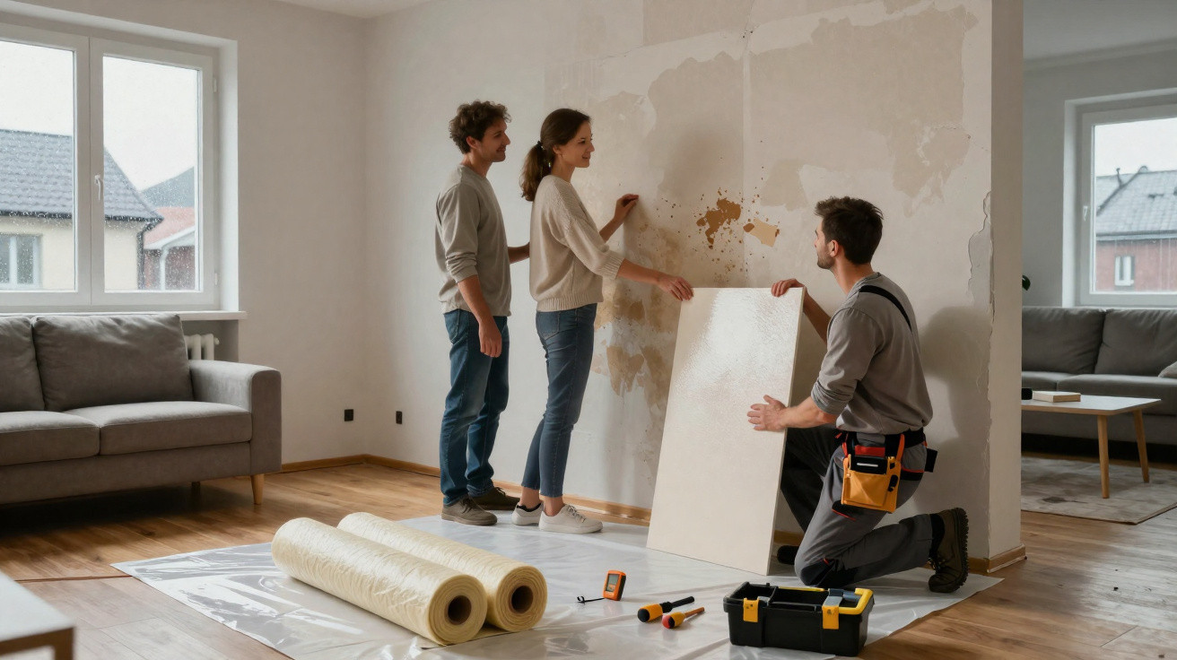 Three people installing wallpaper in a living room with tools and materials on the floor.