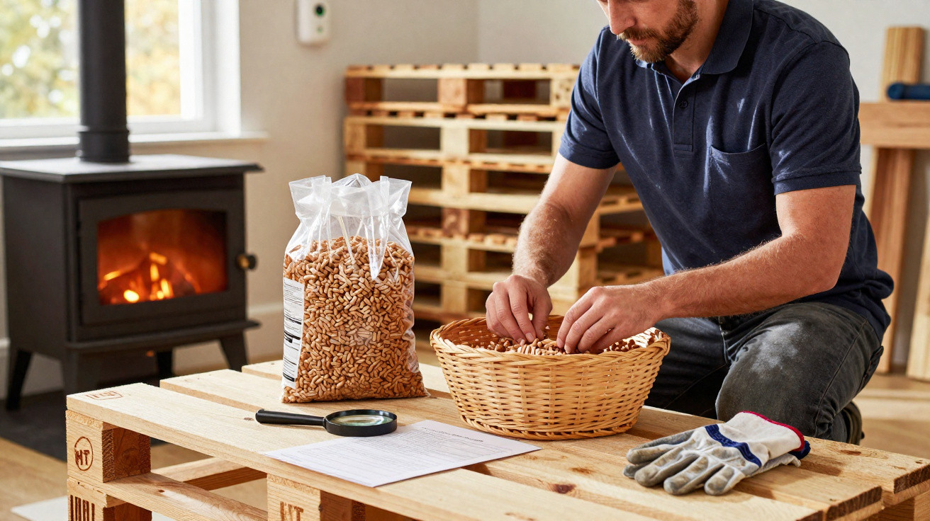 Man sorting pine nuts in a wicker basket on wooden pallets next to a lit stove in a cosy room.