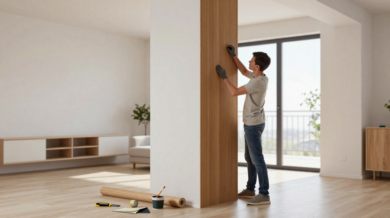 Man installing wooden paneling on interior wall in bright, modern living room with parquet floor.