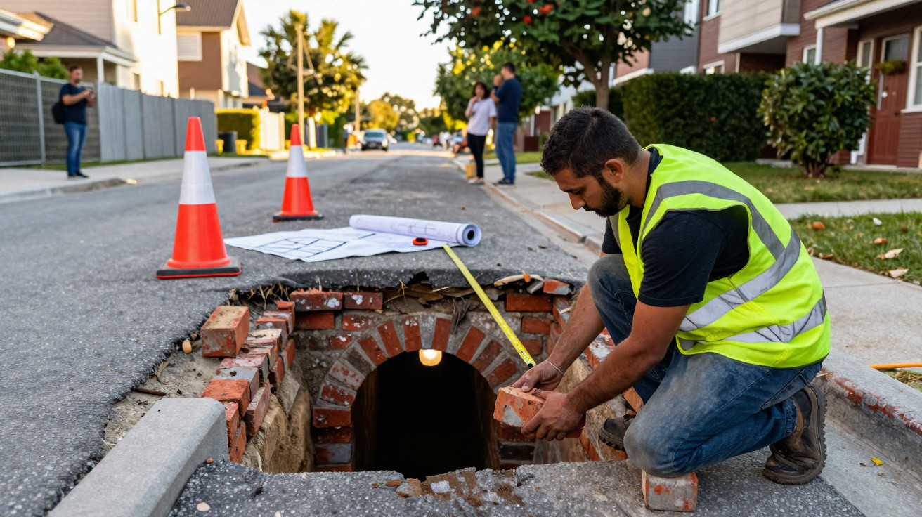 Construction worker in a high-visibility vest measuring bricks by a hole on a suburban road at sunset.